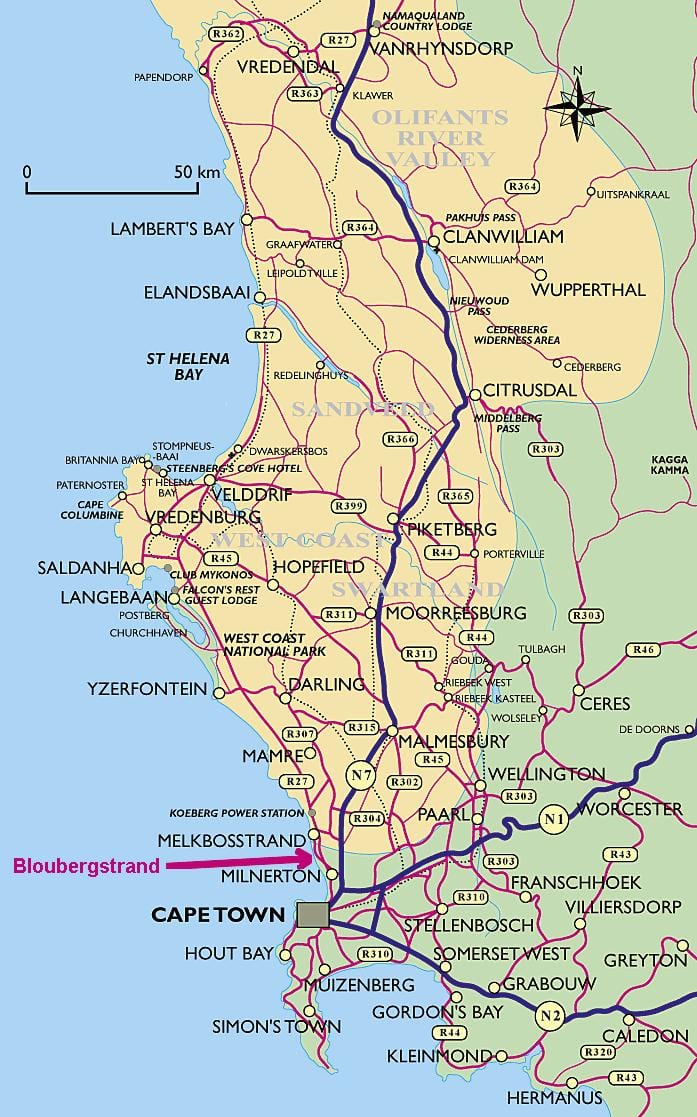 মানচিত্র পশ্চিম উপকূলের কেপ টাউন