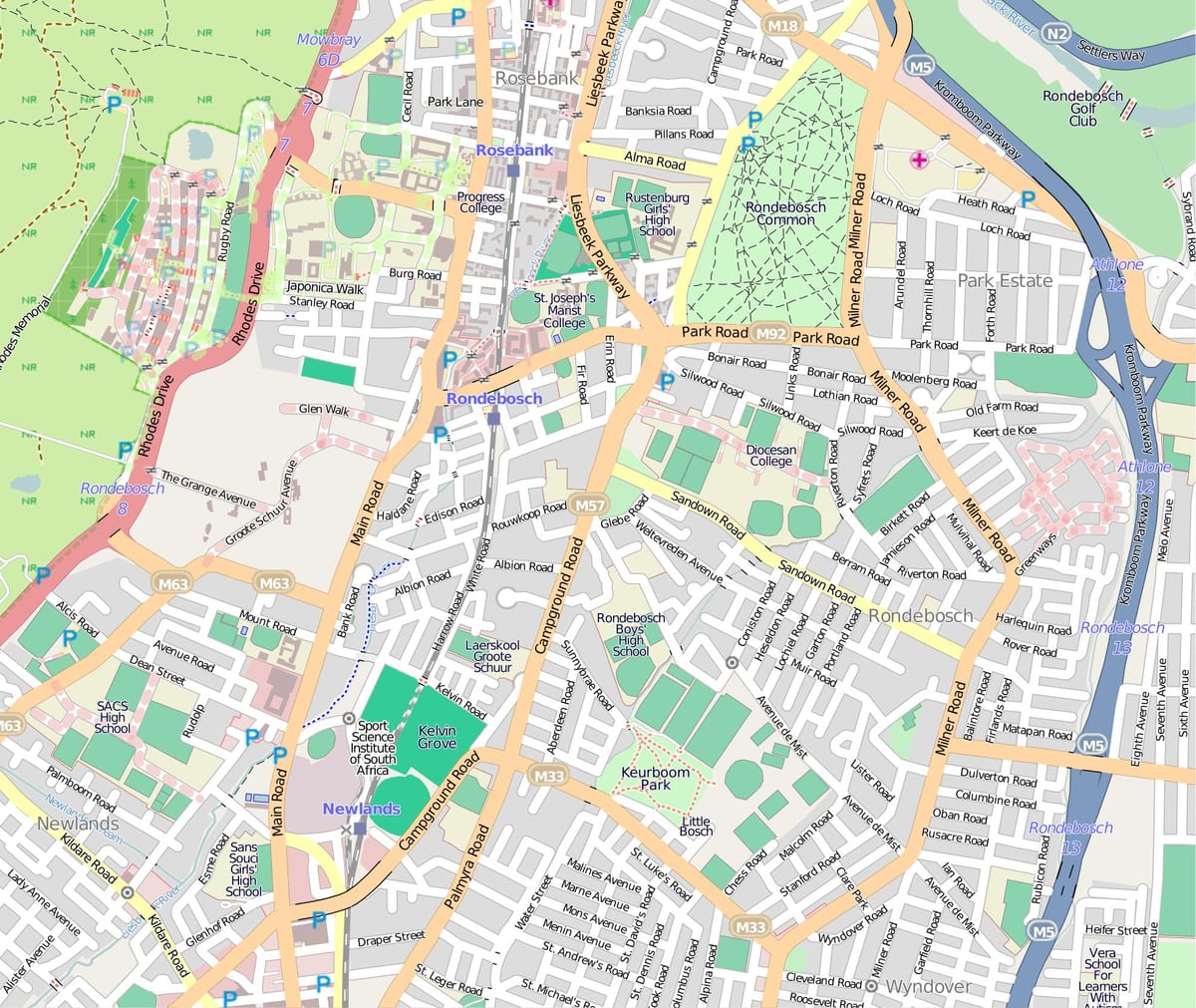 মানচিত্র rondebosch কেপ টাউন