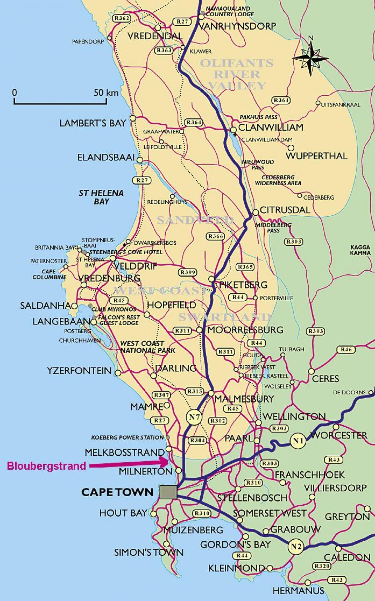 মানচিত্র পশ্চিম উপকূলের কেপ টাউন